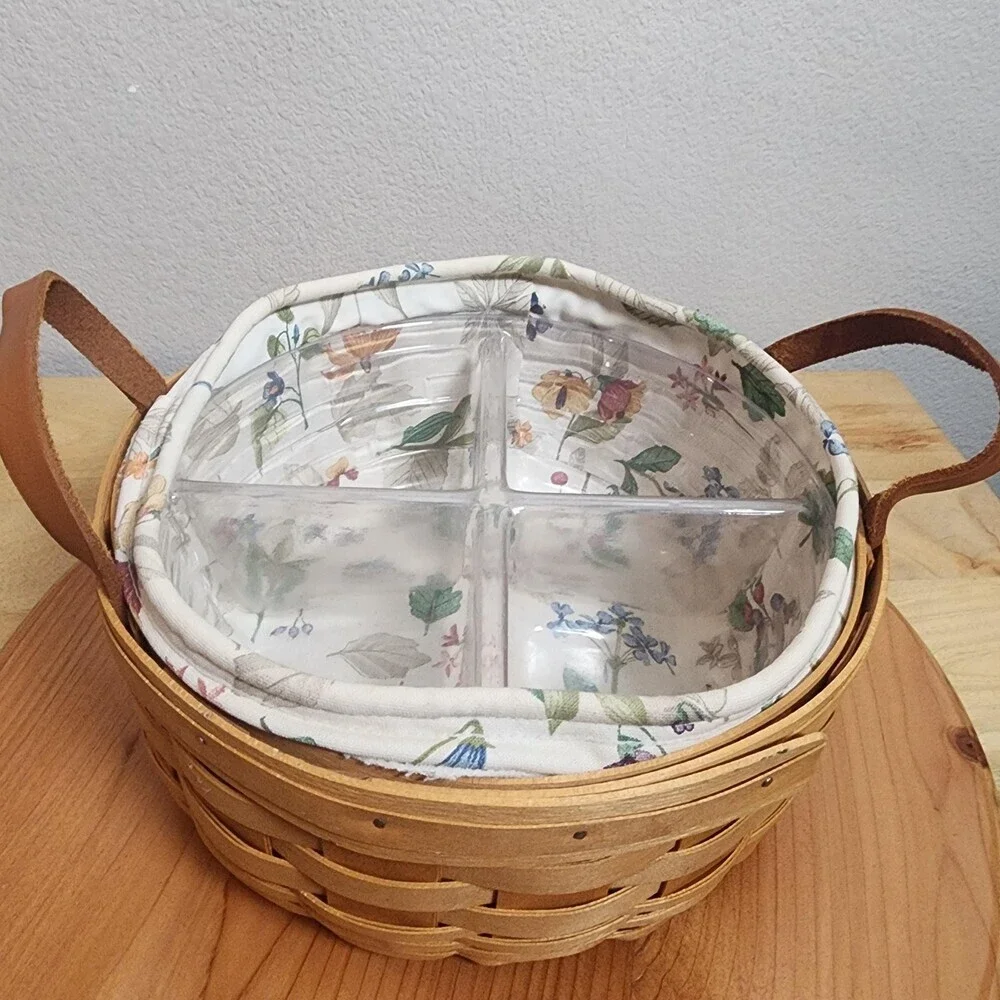 Longaberger 2000 Medium Round Storage Basket Floral Liner Divider Handles USA